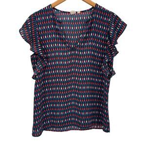 GAP Blouse Womens XS Pullover V-Neck Ruffle Cap Sleeve Blue Red Pink Shirt